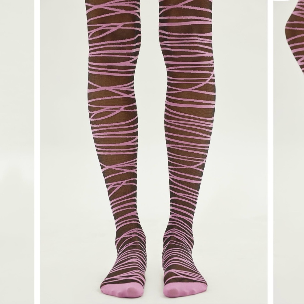 Urban  Outfitters Lots of Lines Tights in Pink/Black - Picture 2 of 5